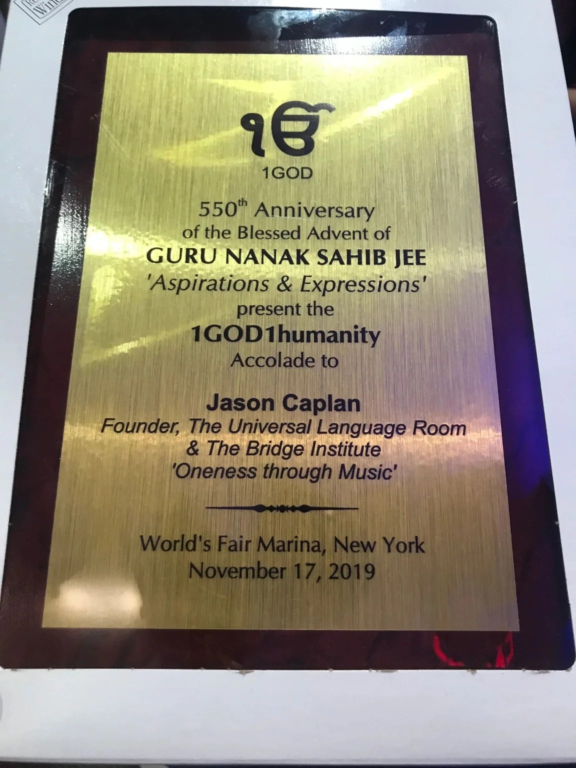 Plaque honoring Jason Caplan at the 550th Anniversary celebration of Guru Nanak Sahib Jee on November 17, 2019.